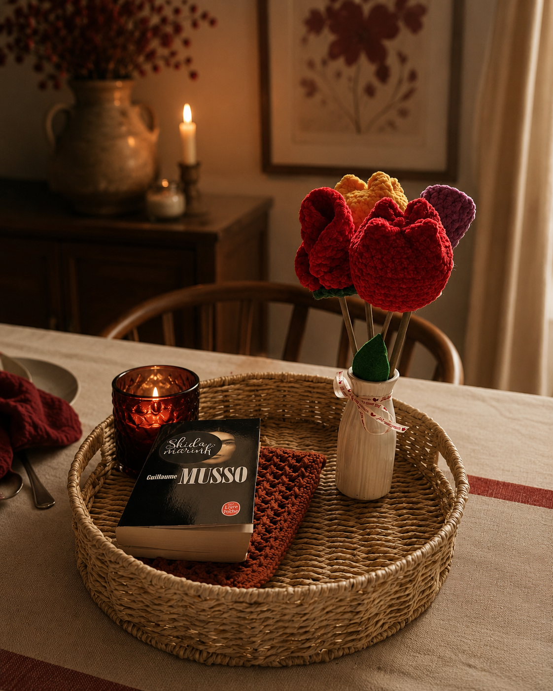 Arrangement de fleurs en crochet en mini vase
