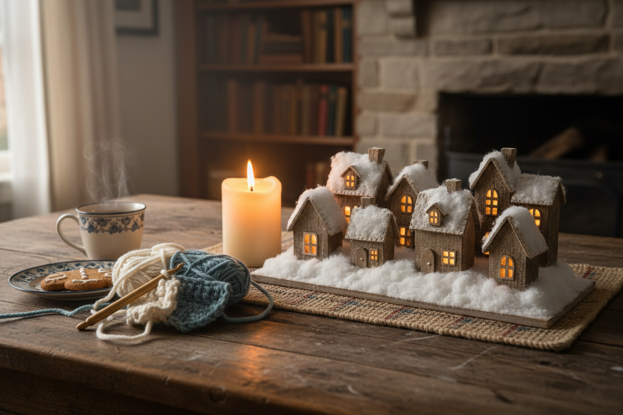 créé une image représentant une décoration faite maison, d'un village sous la neige, avec une bougie posé à côté, le tout posé sur une table à manger effet vintage, et ajoute sur la table un projet crochet en cours